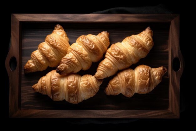 Surowe świeże croissanty na drewnianej tacce Czarne tło Górny widok