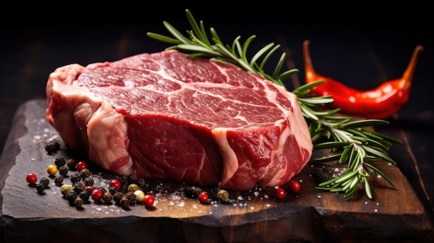 Zdjęcie surowe świeże mięso na drewnianej desce na ciemnym tle stek ribeye