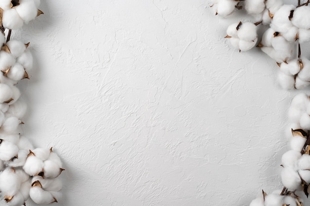 Zdjęcie surowe waciki puszyste na białym tle i drewno z recyklingu. bawełna kwiaty na jasnym tle