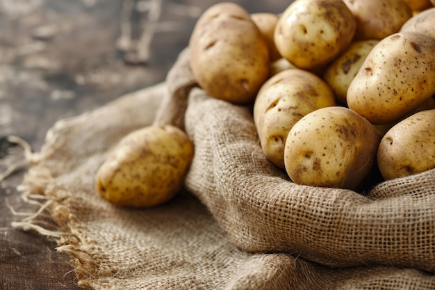 Surowe ziemniaki Gromada świeżych ziemniaków w starym worku na drewnianym tle Dieta wegańska Zdrowa żywność ekologiczna Warzywa składniki przygotowania sałatki witaminy do gotowania