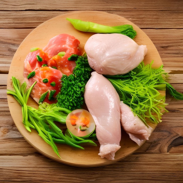 Surowy kurczak polędwicowy na talerzu ze świeżymi warzywami.