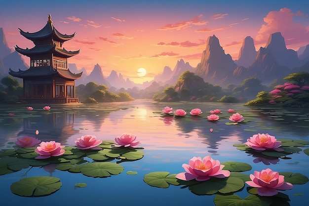 Surrealistyczna chińska sztuka róży Spokojny odblask stawu