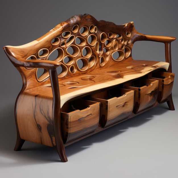 Zdjęcie surrealistyczna drewniana ławka do przechowywania z szczegółowymi szufladami