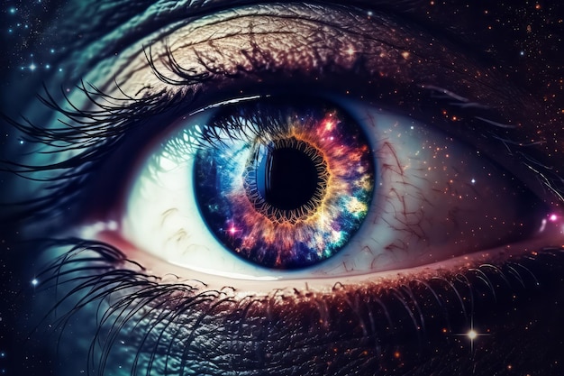 Surrealistyczna ilustracja oka wszechświata Wizja galaktyki Wszechwidzące oko kosmicznego porządku duchowe przewodnictwo
