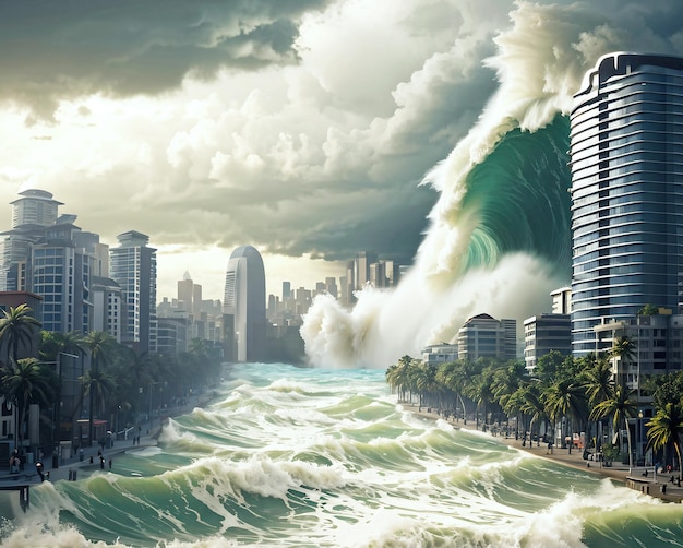 Zdjęcie surrealistyczna ilustracja tsunami