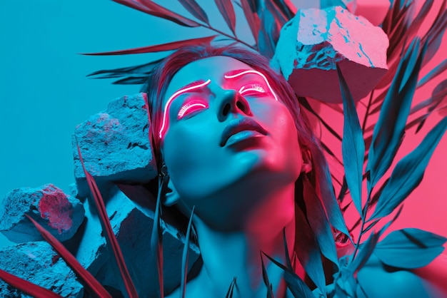 Surrealistyczna kompozycja w neonowym świetle, posąg z głową kobiety z tropikalnymi liśćmi, kawałki betonu