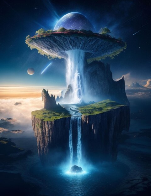 Surrealistyczna latająca wyspa otoczona kaskadowym wodospadem z wypełnionym gwiazdami galaktycznym niebem