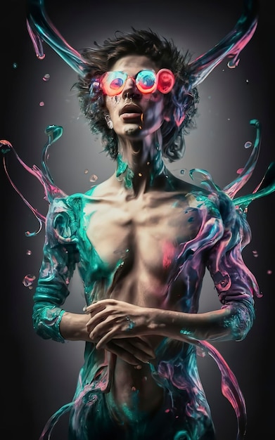Zdjęcie surrealistyczna osoba płynna neonowa farba pełnociłowa farba akwarelowa