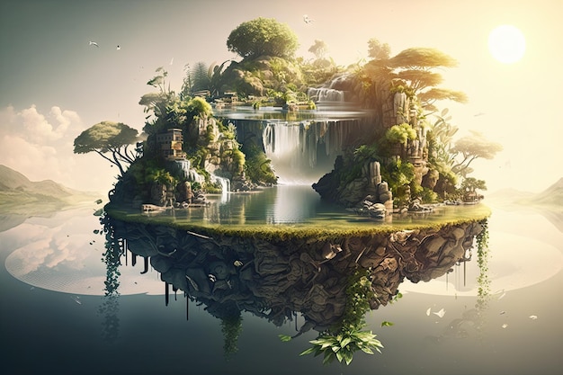 Surrealistyczna pływająca wyspa otoczona słonecznymi wodospadami i bujną zielenią
