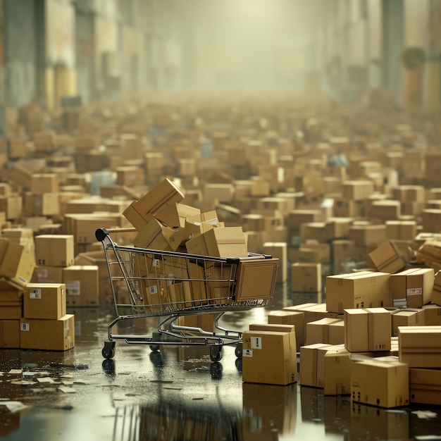 Zdjęcie surrealistyczna scena przepełnionych kartonowych paczek z przewróconym koszykiem na pierwszym planie tworząc poczucie ruchu