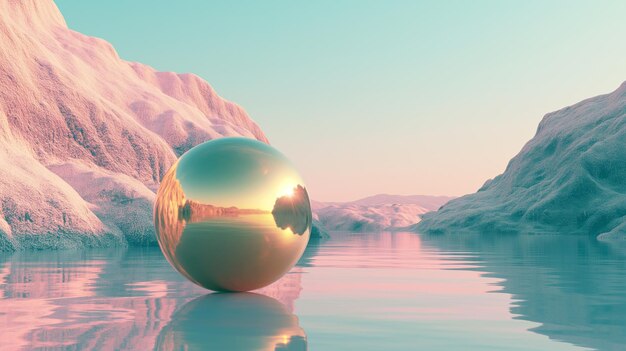 Surrealistyczna scena vaporwave z złotą piłką na krajobrazie z górami i morzem w stylu abstrakcyjnym lat 90.