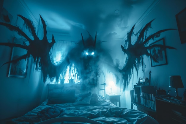 Surrealistyczna sypialnia z przerażającymi sylwetkami i mglistą, przerażającą nocną atmosferą z tajemniczymi cieniami