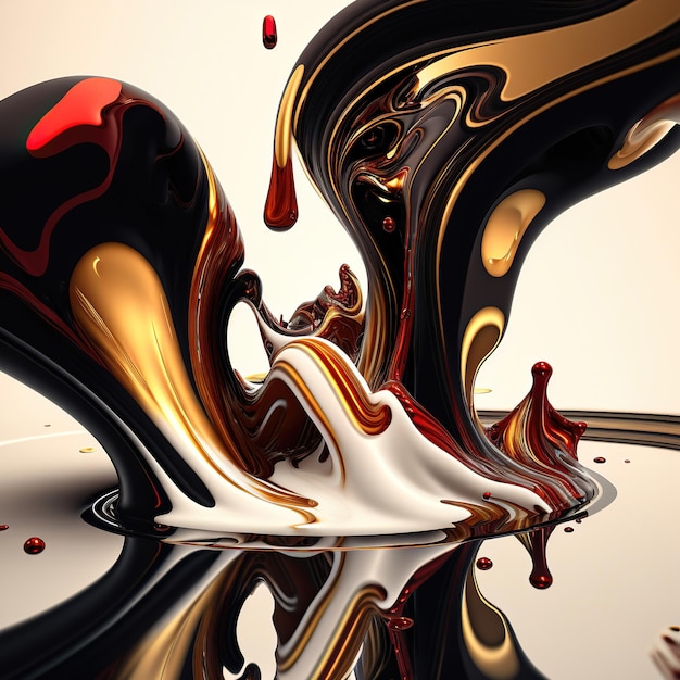 Surrealistyczna sztuka abstrakcyjna przepływów i rozprysków błyszczącej farby z efektami odblaskowymi wykonana za pomocą Generative AI