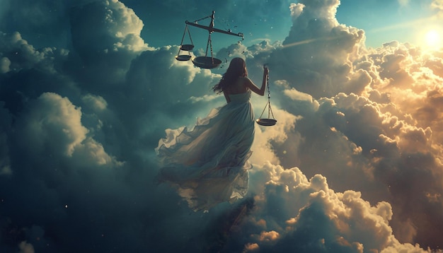 Zdjęcie surrealistyczne dzieło sztuki przedstawiające kobietę pływającą pośród chmur