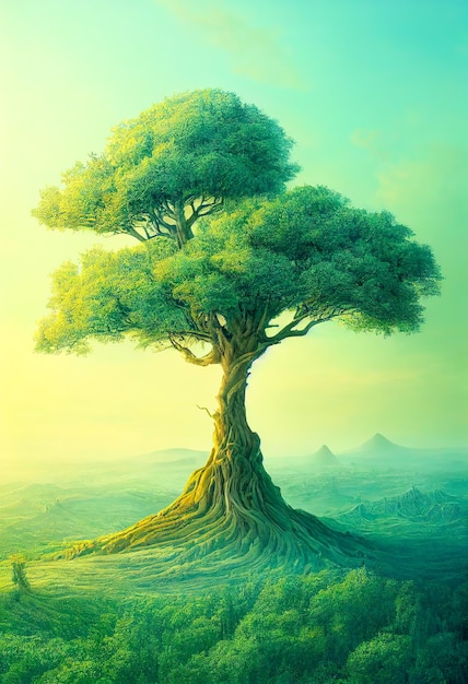 Surrealistyczne gigantyczne drzewo rosnące na wzgórzu
