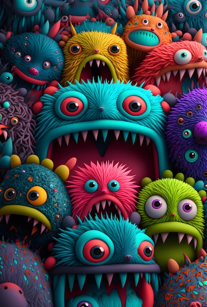 Surrealistyczne kolorowe puszyste stworzenia potwory wiele zębatych i wielkookich kolorowych stworzeń przerażające bakterie drobnoustroje ilustracyjne