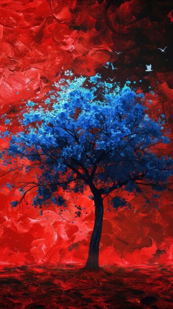 Zdjęcie surrealistyczne niebieskie drzewo w żywym czerwonym abstrakcyjnym krajobrazie