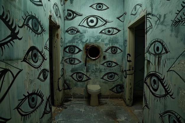 Surrealistyczne oczy graffiti w opuszczonej toalecie
