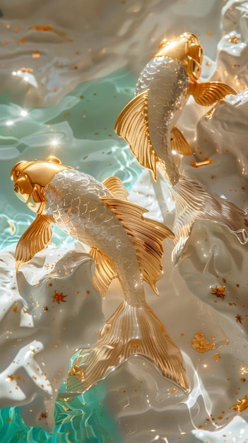 Surrealistyczne są dwie złote ryby wykonane z folii na błyszczącej białej wodzie piękne krzywe