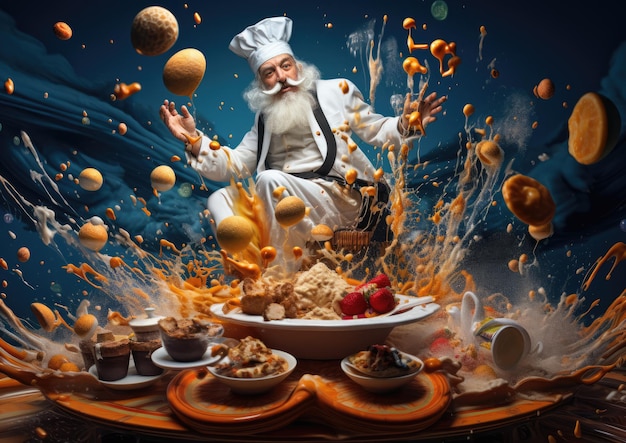 Surrealistyczne ujęcie piekarza otoczonego pływającymi składnikami o żywych i przesadzonych kolorach