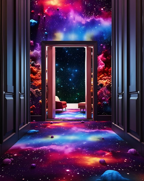 Surrealistyczny i zjawiskowy obraz korytarza z wzorem galaktyki Wygenerowano AI