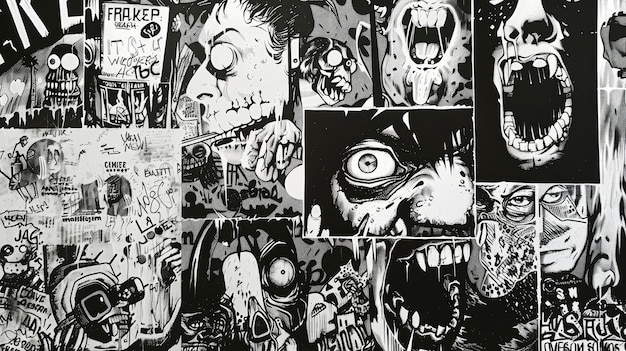 Zdjęcie surrealistyczny kolaż fuzja półtonów czarno-białych komiksów styl potwory graffiti gazety i teksty
