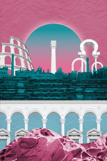 Surrealistyczny kolaż klasycznej architektury i przemysłowej sztuki tła koncepcyjny plakat drukowany okładka zine
