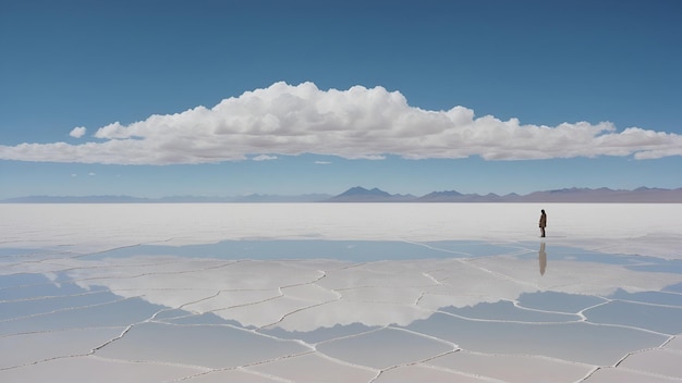 Zdjęcie surrealistyczny krajobraz boliwii salar de uyuni największe na świecie słone równiny rozciągające się do horyzontu pod rozległym niebieskim niebem