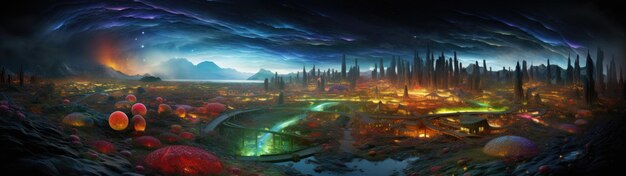 surrealistyczny krajobraz obcej planety sci-fi tło skaliste kryształowe luminescencyjne