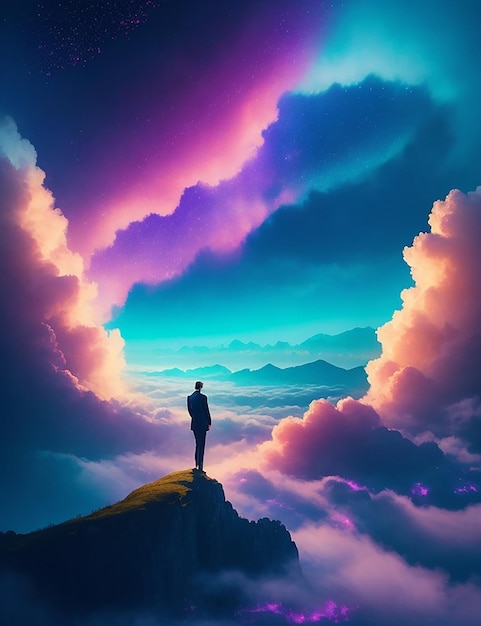 Surrealistyczny krajobraz przedstawiający postać stojącą na szczycie góry chmur