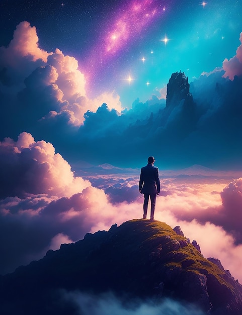 Surrealistyczny krajobraz przedstawiający postać stojącą na szczycie góry chmur