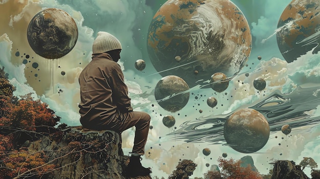 Zdjęcie surrealistyczny krajobraz z człowiekiem siedzącym na skale na pierwszym planie i kilkoma planetami pływającymi na niebie
