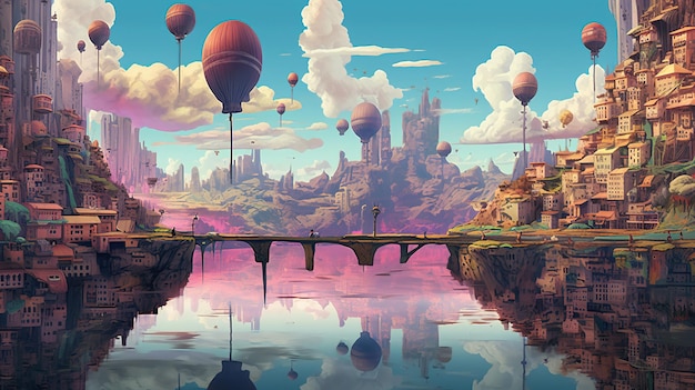 Surrealistyczny krajobraz z miastem do góry nogami Koncepcja fantasy Malarstwo ilustracyjne Generative AI
