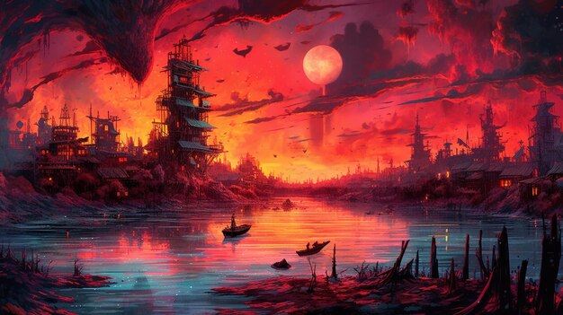 Surrealistyczny krajobraz z miastem zbudowanym na palach nad jeziorem ognia Koncepcja fantasy Obraz ilustracyjny Generative AI