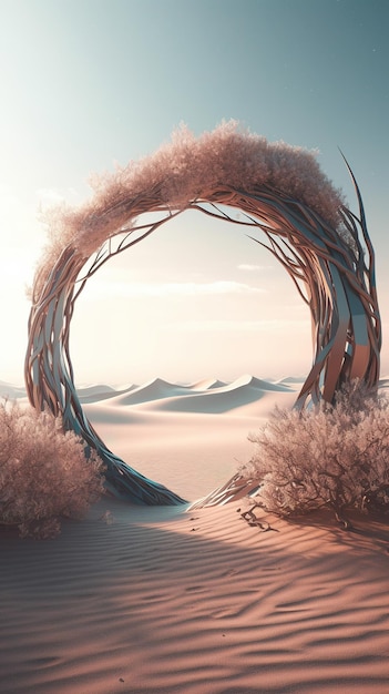 Surrealistyczny krajobraz z pustynną sceną i drzewem z napisem miłość.