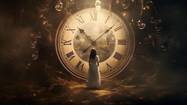 Zdjęcie surrealistyczny moment kobiety stojącej przed zegarem obserwującej przeznaczenie wraz z upływem czasu