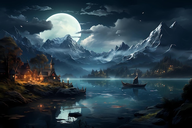 Surrealistyczny nocny krajobraz jeziora z odbiciem księżyca