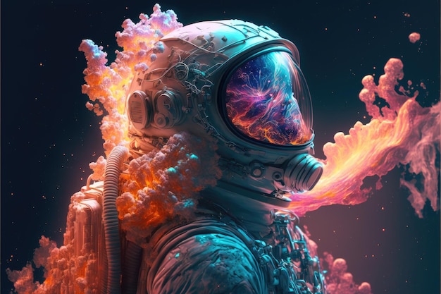 Surrealistyczny obraz astronauty z pływającym wewnętrznym opalizującym w mgławicy