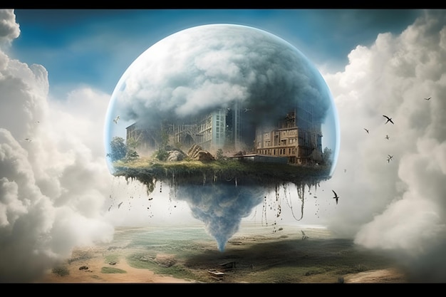 Surrealistyczny obraz globalnego ocieplenia, zniszczenia planety po apokalipsie, wygenerowany przez sztuczną inteligencję
