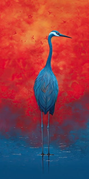 Surrealistyczny obraz jaskrawoczerwonego żurawia na kobaltowym niebieskim tle wygenerowany przez Ai