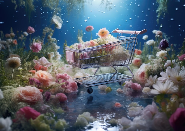 Surrealistyczny obraz wózka sklepowego przepełnionego kwiatami unoszącymi się w spokojnej i eterycznej atmosferze