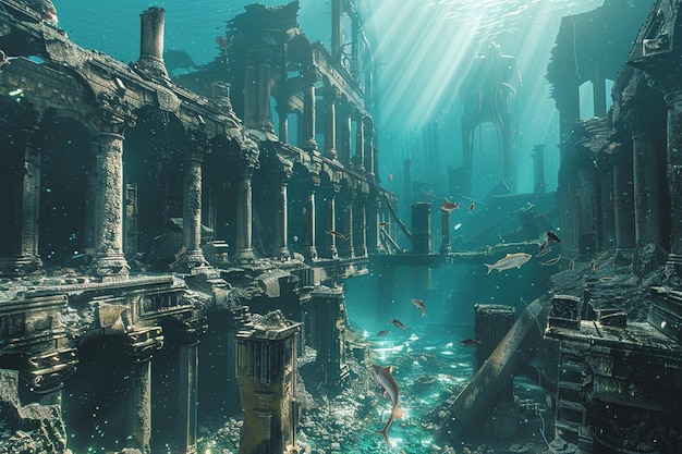 Zdjęcie surrealistyczny podwodny krajobraz miasta z pływającymi syrenami