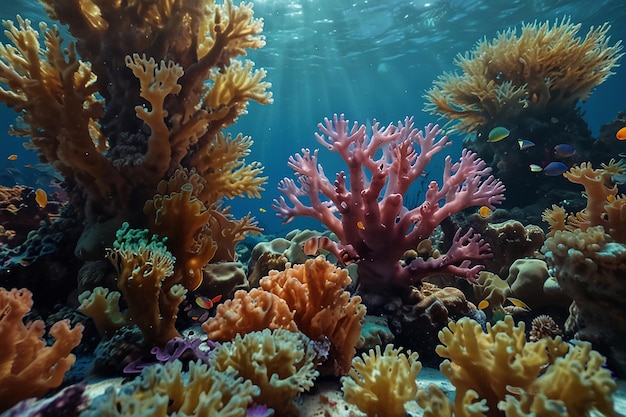 Surrealistyczny podwodny świat rafy koralowej z kolorowymi koralowcami i galaretkami
