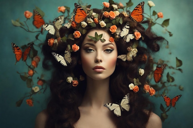 Surrealistyczny portret kobiety z motylami w włosach Koncepcja wiosna