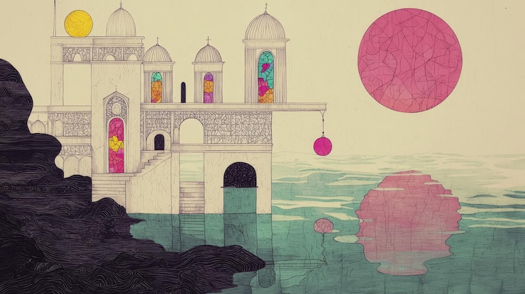 Zdjęcie surrealistyczny projekt architektoniczny z geometrycznymi kształtami i odbiciem wody