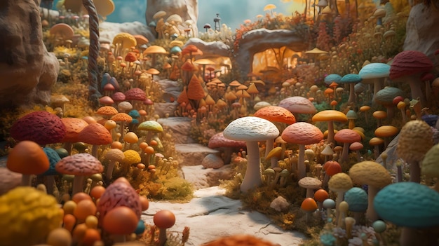 Surrealistyczny psychodeliczny krajobraz fantastycznych grzybów
