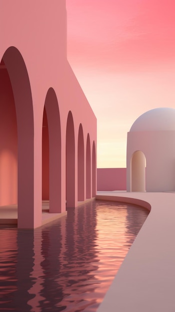 Surrealistyczny różowy zachód słońca odbijający się na wodzie między łukowymi białymi budynkami