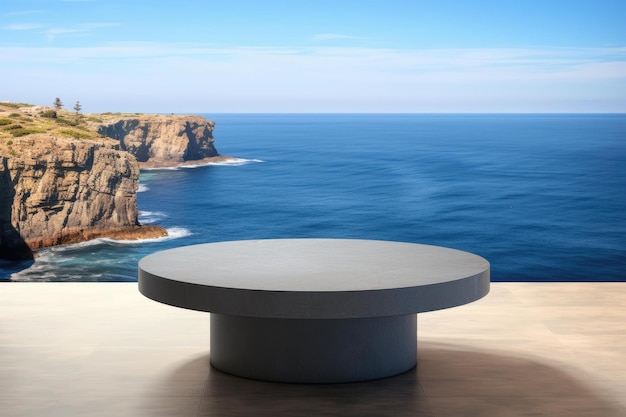 Surrealistyczny spokój Fotorealistyczny betonowy stolik kawowy ustawiony na zboczu klifu z widokiem na