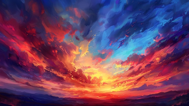 Surrealistyczny zachód słońca z tętniącymi życiem chmurami