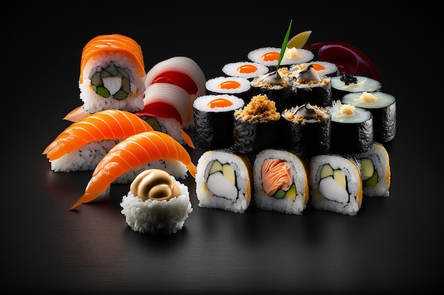 Sushi and rolls studyjne zdjęcie produktów ciemne czarne tło Generative AI